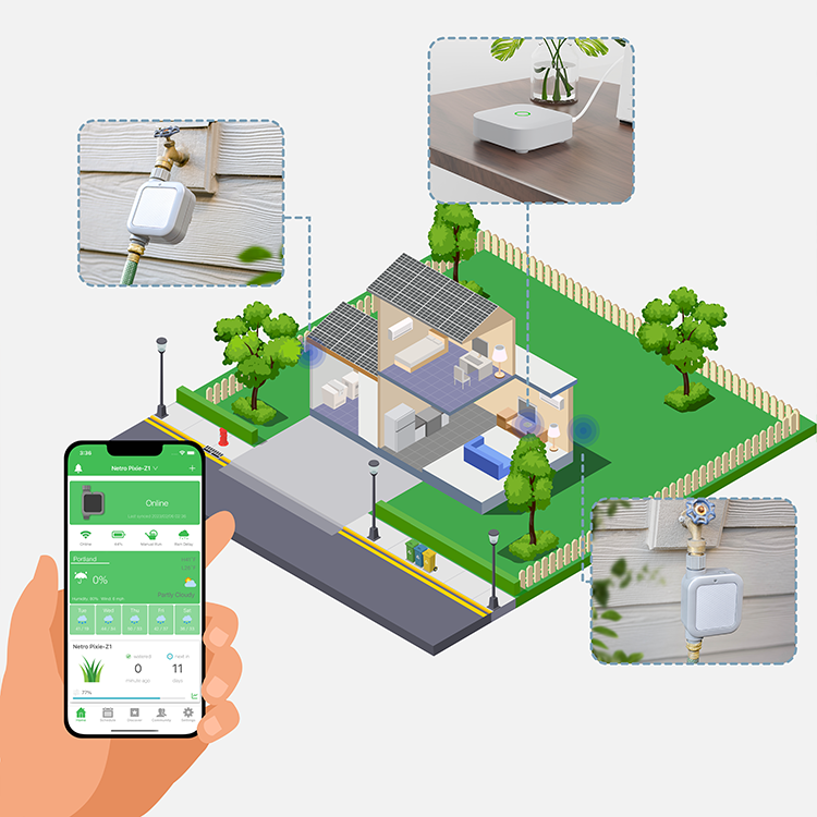 The Netro Hub acts as a bridge between outdoor timer Pixie Z1 and your home internet. With the Netro Hub, you can control up to 8 Pixie Z1 timers easily on Netro app.