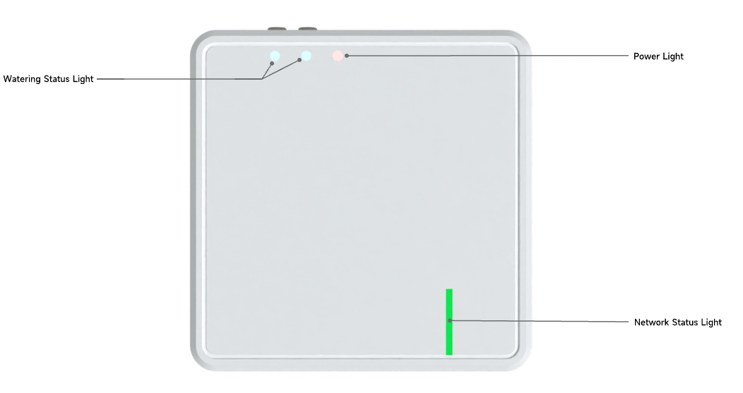 The appearance of Netro Stream is that of a rectangular prism with dimensions of length 4.1 inches, width 4.1 inches, and height 2.2 inches. On its top view, It features a rectangular network status light, two circular watering status light and a circular power light.